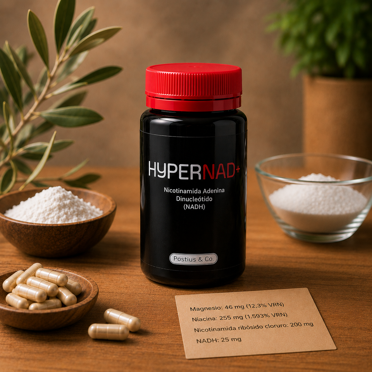 Suplemento HyperNAD+ de Postius & Co con NADH, magnesio, niacina y nicotinamida ribósido.